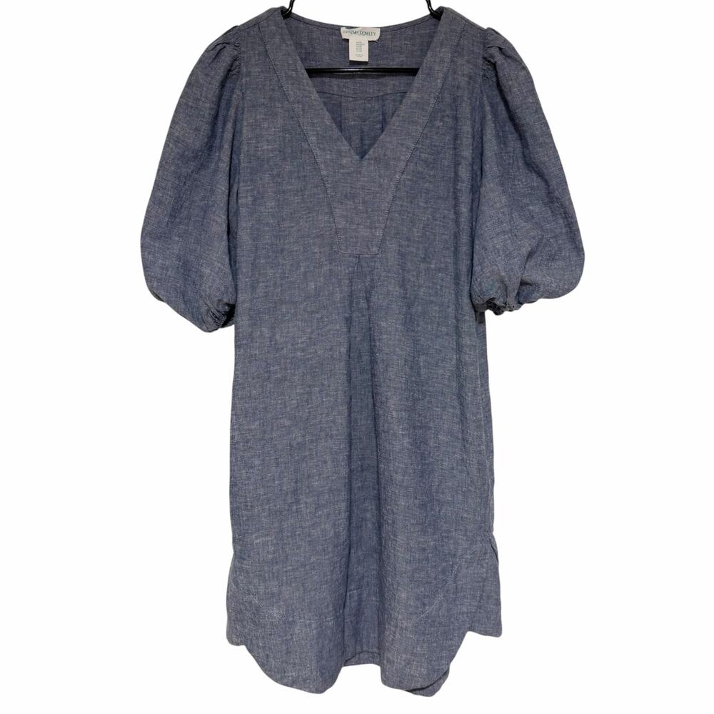 CYNTHIA ROWLEY Chambray Blue Puff Sleeve Linen Dress Size XS Pockets V Neckline